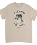 Självsäker trut i vintage-stil med texten Majornas Trutklubb på beige tröja