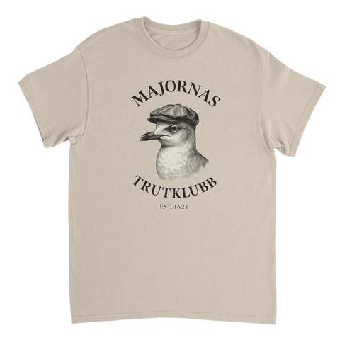 Självsäker trut i vintage-stil med texten Majornas Trutklubb på beige tröja