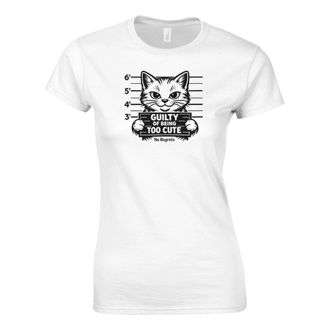 Rolig t-shirt för kattälskare med mugshot-design på vit bomullstopp