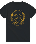 Stilren grafisk illustration av spartansk Molon Labe-symbol på svart t-shirt