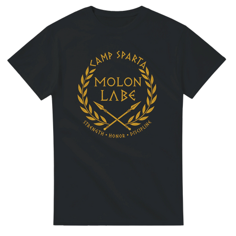 Stilren grafisk illustration av spartansk Molon Labe-symbol på svart t-shirt