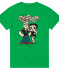 Grön t-shirt med retroinspirerad illustration av Popeye och Betty Boop