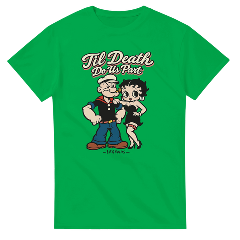 Grön t-shirt med retroinspirerad illustration av Popeye och Betty Boop