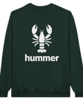 Vit hummer-illustration och text "hummer" på mörkgrön sweatshirt.