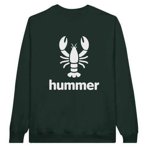 Vit hummer-illustration och text "hummer" på mörkgrön sweatshirt.