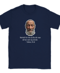 Mörkblå t-shirt med ironiskt motiv av sliten man och text