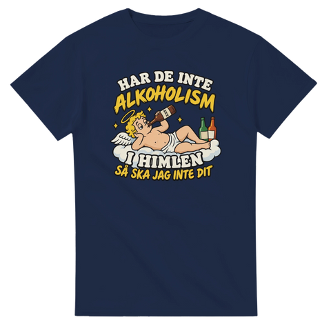 Grafiskt tryck med ängel och ölflaskor – humoristisk t-shirt för fest och festival