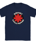 Marinblå t-shirt med satirisk logotyp föreställande röd asterisk och texten Rövhet Chilli Peppar