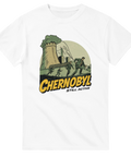 Historiskt laddad illustration av kärnkraftsolyckan 1986 på vit t-shirt