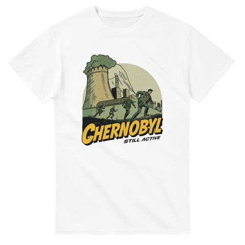 Historiskt laddad illustration av kärnkraftsolyckan 1986 på vit t-shirt