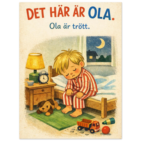 Närbild på en vintageposter föreställande en pojke i pyjamas i ett sovrum med månljus och leksaker på golvet.