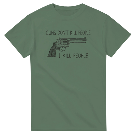 Skissad revolver med humoristisk text – t-shirt för fans av svart humor