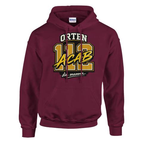 Mörk röd hoodie med guldskimrande typografi och attityd