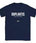 Marinblå t-shirt med minimalistisk textdesign som hyllar svensk friidrott