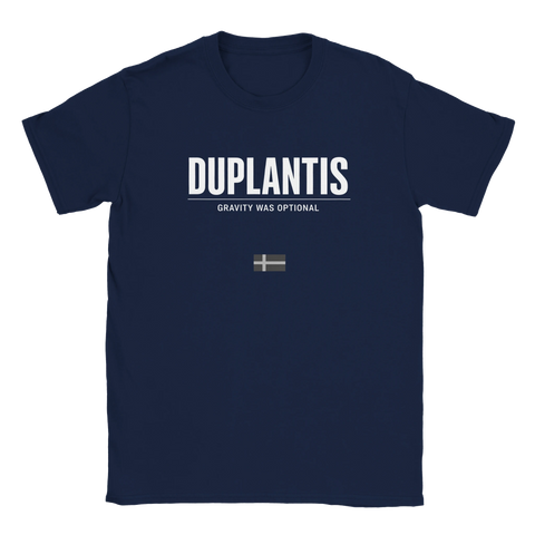 Marinblå t-shirt med minimalistisk textdesign som hyllar svensk friidrott