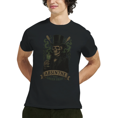 T-shirt med absintmotiv och skelett i hög hatt