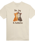 Du, jag & katterna" tryck med orange och grå tecknade katter på beige t-shirt.