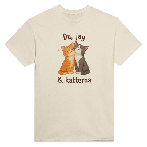 Du, jag & katterna" tryck med orange och grå tecknade katter på beige t-shirt.