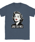 Blåmelerad t-shirt med satirisk pinup-design och tydlig attityd
