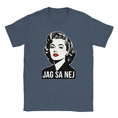 Blåmelerad t-shirt med satirisk pinup-design och tydlig attityd