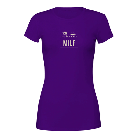 Lila t-shirt med MILF-text och grafiska blinkande ögon
