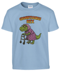 Grannysaurus Rex motiv med sjalett och glasögon på blå barntröja