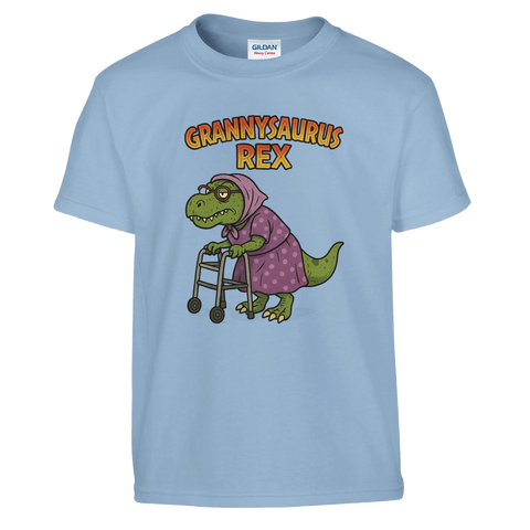 Grannysaurus Rex motiv med sjalett och glasögon på blå barntröja