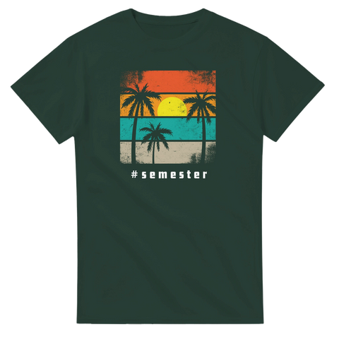 Somrigt motiv med palmer i solnedgång – vintage t-shirt för semester och resa