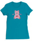 Rosa nallebjörn med "I ♥ U" och rosetter på turkos dam-t-shirt.