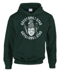 Urban streetwear-design med Göteborgs stadsvapen och krona – mörkgrön hoodie