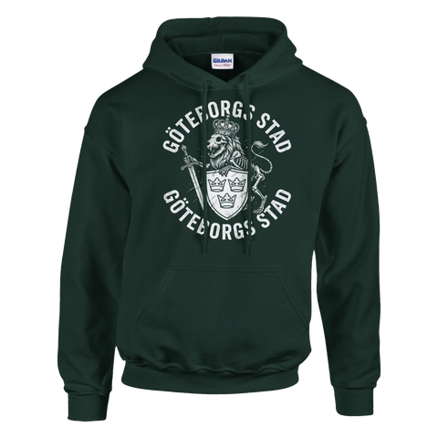 Urban streetwear-design med Göteborgs stadsvapen och krona – mörkgrön hoodie