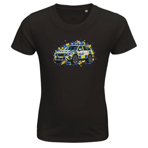 Svart barn-t-shirt med en svensk polisbil och färgstänk