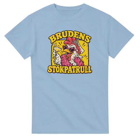 T-shirt med en festglad höna i slöja och texten Brudens stökpatrull