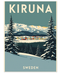 Vintage inspirerad Kiruna affisch med grafisk illustration av svenska fjällen