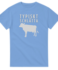 Lokal dialekt och kossmotiv i vitt tryck på en ljusblå t-shirt