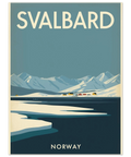 Grafisk reseposter för Svalbard i Norge med vita isflak i förgrunden och stiliserade fjällkedjor i bakgrunden.