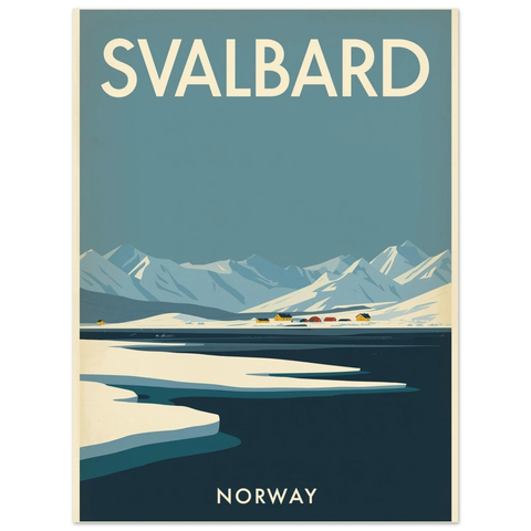Grafisk reseposter för Svalbard i Norge med vita isflak i förgrunden och stiliserade fjällkedjor i bakgrunden.