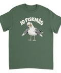 Grön t-shirt med en tecknad mås och texten IQ Fiskmås.