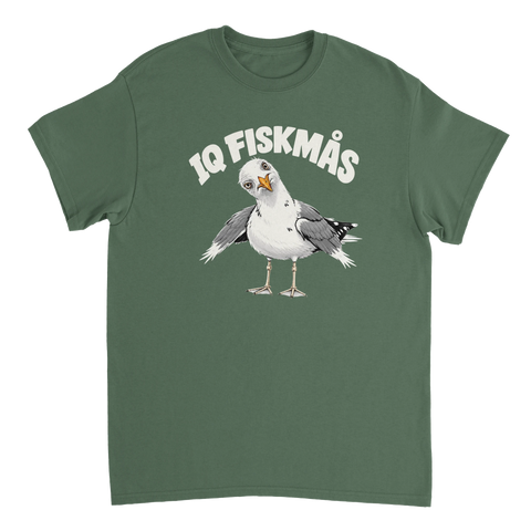 Grön t-shirt med en tecknad mås och texten IQ Fiskmås.