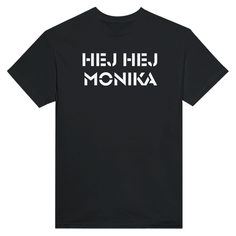 Grafiskt texttryck Hej Hej Monika i vit modern typografi