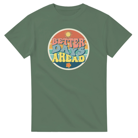 Färgglad cirkeldesign med optimistiskt budskap och blomma – grafisk t-shirt