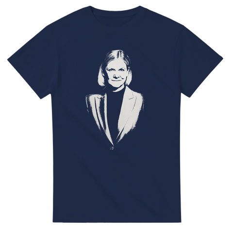 Socialdemokratisk profilbild i vitt tryck på en marinblå t-shirt