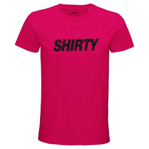 Shirty streetwear t-shirt i fuchsia med svart, sliten "SHIRTY"-logotyp.