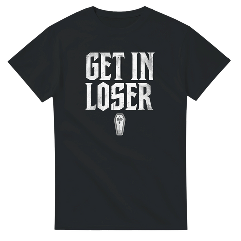 Svart t-shirt med kaxigt Get In Loser-tryck och kistmotiv i vintage-stil