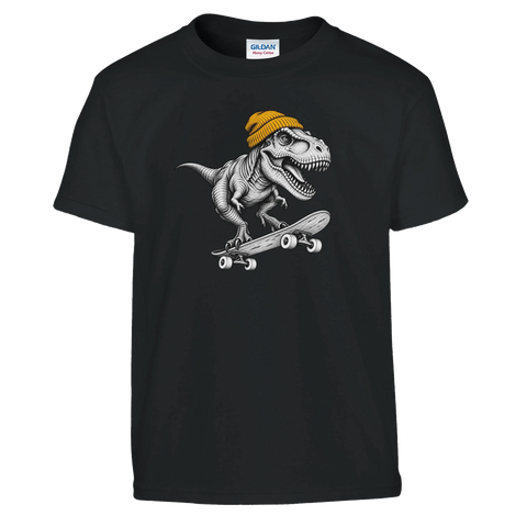 Svart barn-t-shirt med en T-Rex i gul mössa på skateboard.