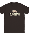 Illustration av en ambulans med texten Klantetaxi på en mörkbrun t-shirt