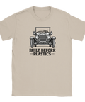 Vintagedesign med klassisk bil och budskap på sandfärgad t-shirt