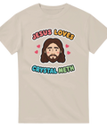 Satirisk illustration av Jesus med hjärtan och färgglad bubbeltext på beige bakgrund