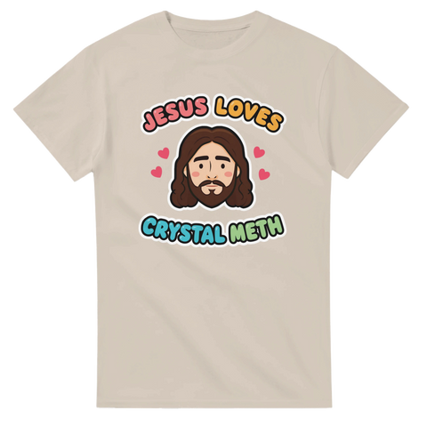 Satirisk illustration av Jesus med hjärtan och färgglad bubbeltext på beige bakgrund