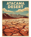 Retro reseposter av Atacamaöknen med sprucken mark i rött och beige mot blå himmel och bruna bergstoppar.